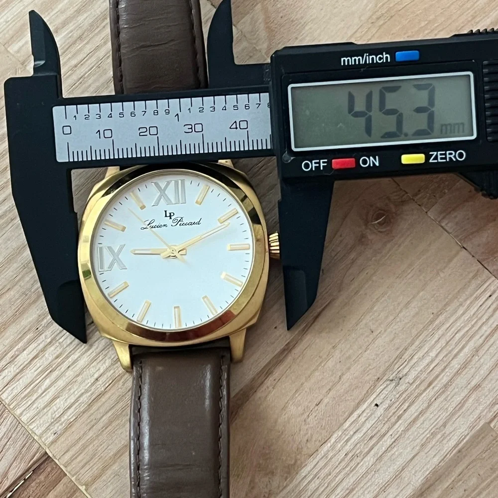 Lucien Piccard Luxury Large Gold-Tone Case Watch Brown Leather Strap White Dial